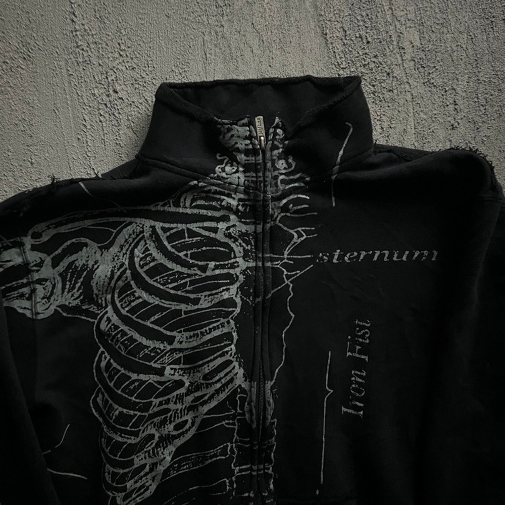 Vintage Iron Fist Zip Up Sweatshirt Medium Black 2000s Y2K Skeleton - Picture 2 of 10
